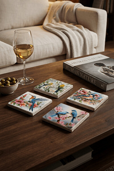 Baumatelier Birds and Flowers Themed Birds Natural Stone Travertine Coasters ...