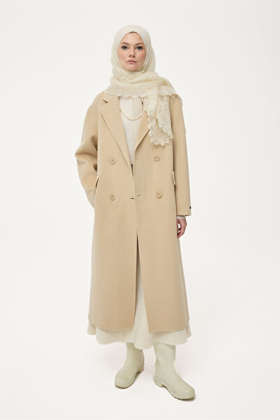 Tuğba El Yapımı %100 Yün Kruvaze Kaban - Bej