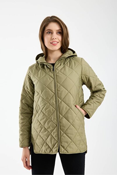 Wise Women's Hooded Oversized Quilted Fabric Zipper Closure Slit Coat