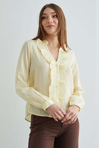 Fulla Moda Jacquard Shirt with Ruffled Stripes on the Front