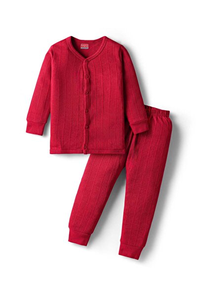 Babyhug Knit Full Sleeves Solid Front Open Thermal Vest & Pants Set - Red