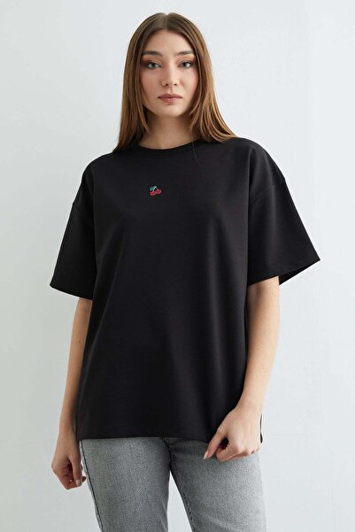 Fulla Moda Crew Neck Oversized T-Shirt with Cherry Accessories