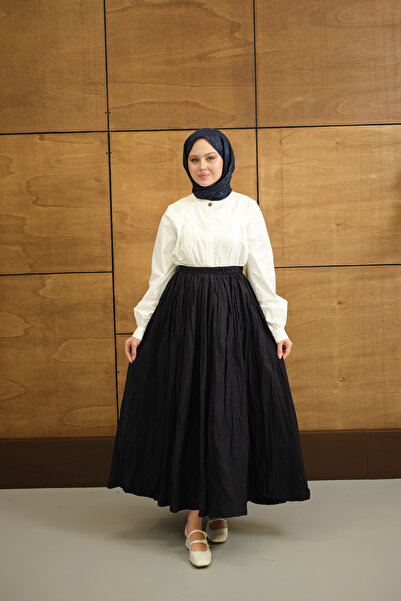 LOCCO Women's Elastic Waist Crinkle Detail Skirt Navy Blue