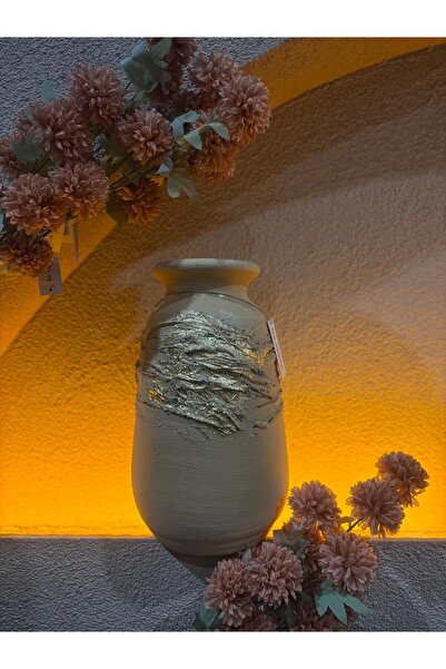 Ekodoğa 40 Cm Toprak Vazo Biblo Altın Yaldızlı Kabartmalı Dekoratif Çömlek Sü...