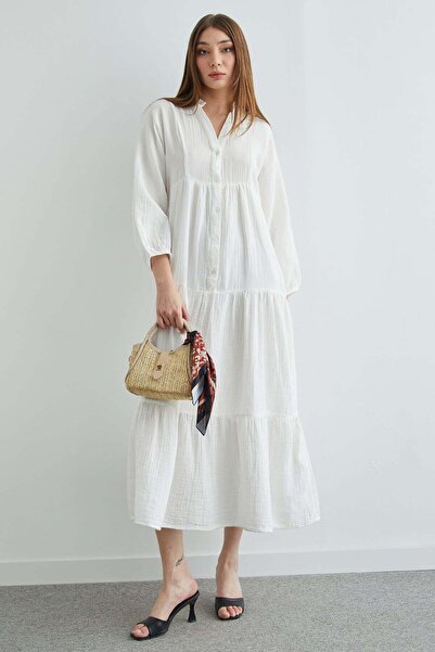 Fulla Moda Fullamodest Half Buttoned High Collar Muslin Dress