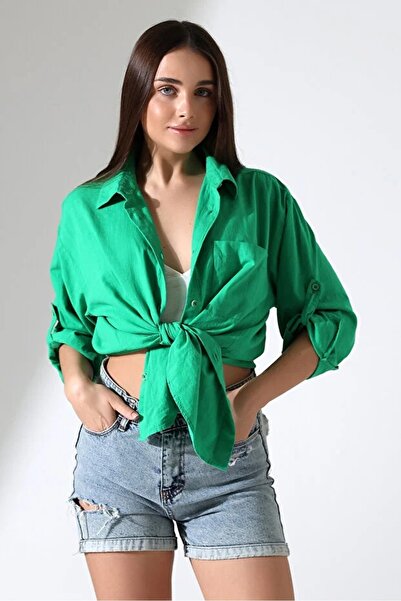 GÖMLEKÇİNİZ Green Linen Oversized Women's Shirt