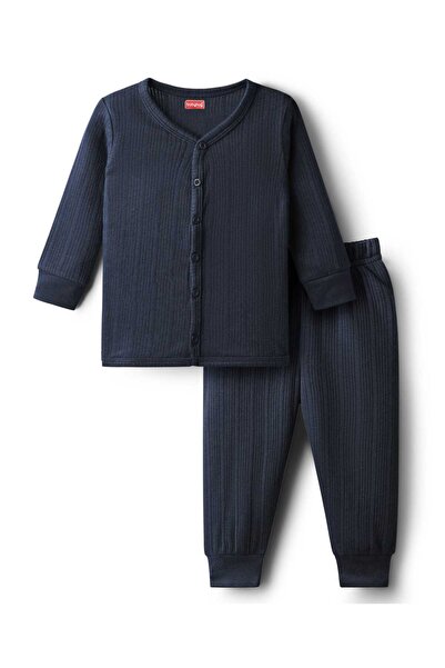 Babyhug Knit Full Sleeves Solid Front Open Thermal Vest & Pants Set - Navy Blue