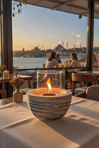 betonmall Siyah Beyaz Mermer Desenli Beton Masaüstü Bioethanol Şömine |Cam Ko...