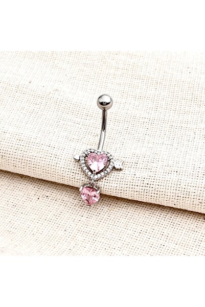 Siya Silver Pembe Taşlı Aşk Kalpli Ok Sallantılı Cerrahi Çelik Göbek Piercing...