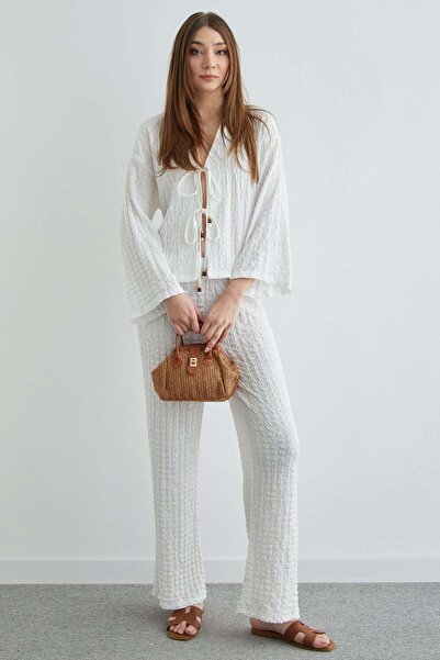 Fulla Moda Front-Tied Textured Kimono 2-Piece Set