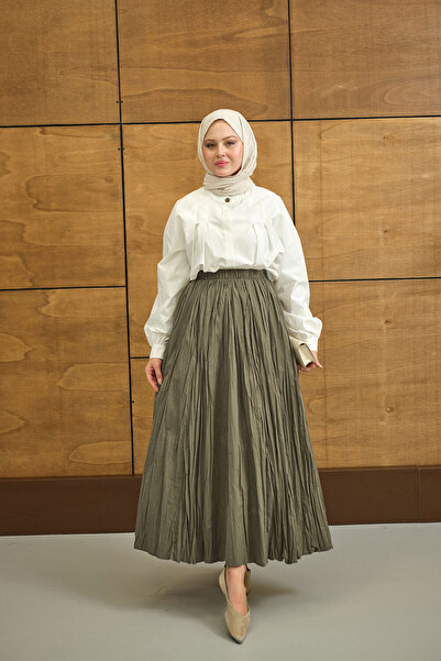 LOCCO Women's Elastic Waist Wrinkle Detail Skirt Khaki Green