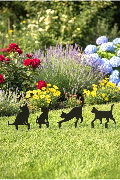 İON DESİGN 4'lü Metal Kedi Bahçe Süsü Seti – 2mm Lazer Kesim Çelik, Siyah Sta...