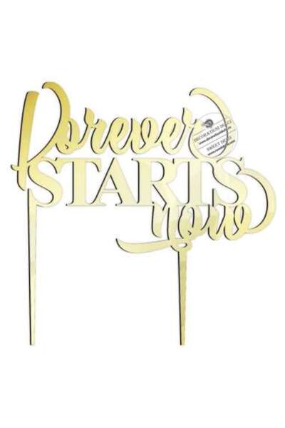Decoratiuni Dulci Cake topper Forever Starts Now - Auriu oglinda