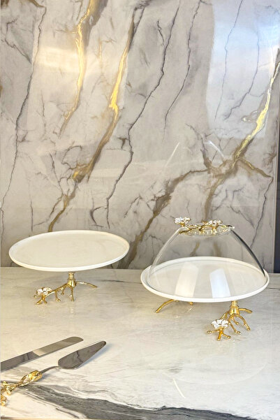 MAY HOME 2'Li Porselen Sunum Seti Cam Kapaklı Kek Kurabiye Pasta Fanusu