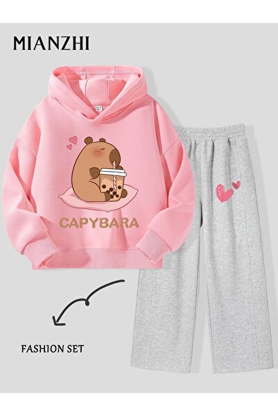 buendiakids Kız/Erkek Çocuk Pembe-Gri Capybara Milkshake Baskılı Kapuşonlu-Ge...