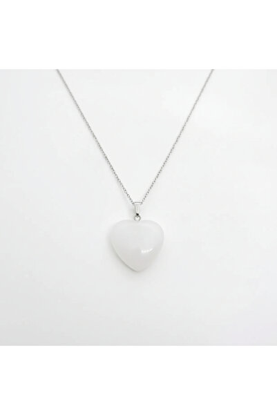 PORSE Kadın Kristal Kuvars Doğal Taşlı Kalp Şekilli Çelik Zincirli Kolye
