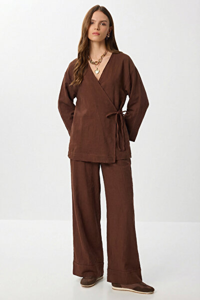 Lovelyİstanbul Tie-Dye Detailed Muslin Kimono Set Lzh0020 Brown