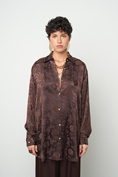 Orfeo Negro Women's Chocolate Brown Rose Patterned Silky Satin Look O Oversiz...