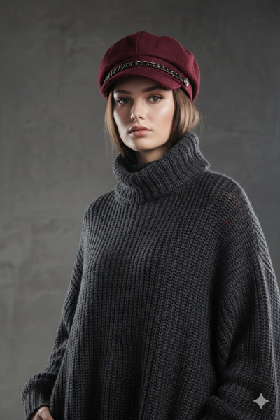 SİSTEM PELUŞ قبعة بيكر بوي النسائية - تصميم عصري مع تفاصيل سلسلة |   خريف وشتاء