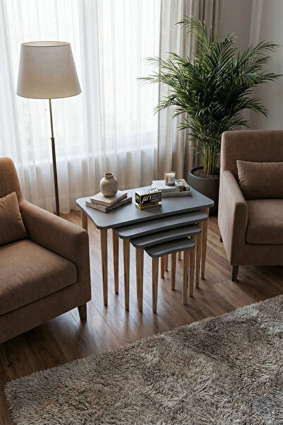 PDMPOİNT DOLAP MARKET Gondol 4 lü Zigon Sehpa Takımı - Antrasit Desen