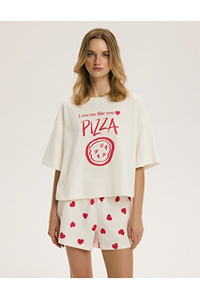 ESOTIQ Women's Short Pajamas Set T-Shirt & Shorts Love Pizza Print 100% Cotto...
