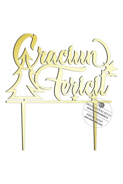 Decoratiuni Dulci Topper tort Craciun fericit! - Auriu oglinda