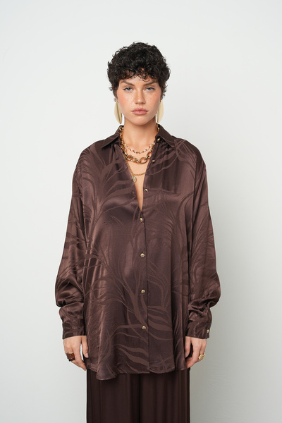 Orfeo Negro Women's Chocolate Brown Patterned 100% Viscose Oversized Shirt
