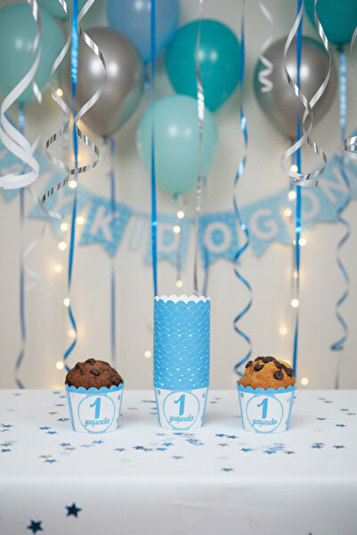 NEWPARİ Mavi 1 Yaşında Temalı Cupcake & Muffin Kek Kalıbı Fırında Dağılmaz (2...