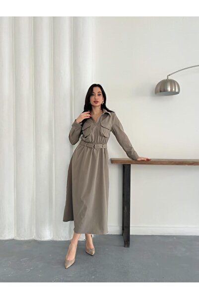 Nazline Women's Elastic Belted Maxi Dress with Flap Pockets