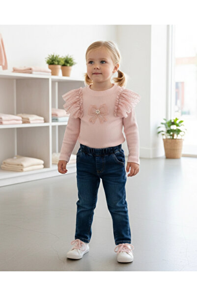 My Lusa baby wear Момичешка блуза с открити рамене, тюл и бродерия с перли