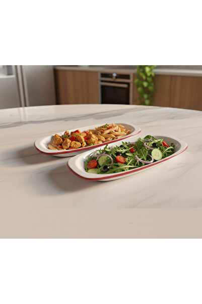 RGS HOMELİFE Set of 2 Large Size Damla Series Striped Ceramic Kayak Plates - ...