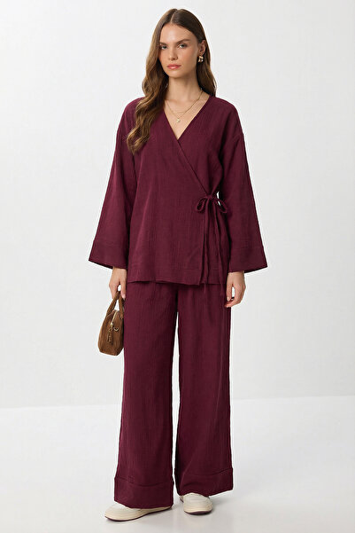 Lovelyİstanbul Tie-Dye Detailed Muslin Kimono Set Lzh0020 Bordo