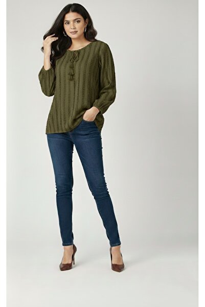 THEBEK Tie-Down Collar Fır Fır Fabric Long Sleeve Women's Blouse