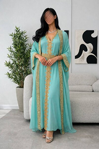 RWETA Royal jalabiya in turquoise with gold embroidery
