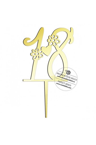Decoratiuni Dulci Topper tort majorat, 18 cu floricele - Auriu oglinda