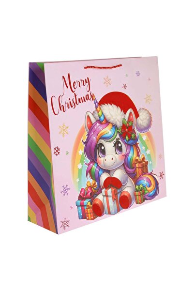 OEM Sacosa Cadou de Craciun Roz cu Model Unicorn Fulgi Folie Rosie "Merry Chr...