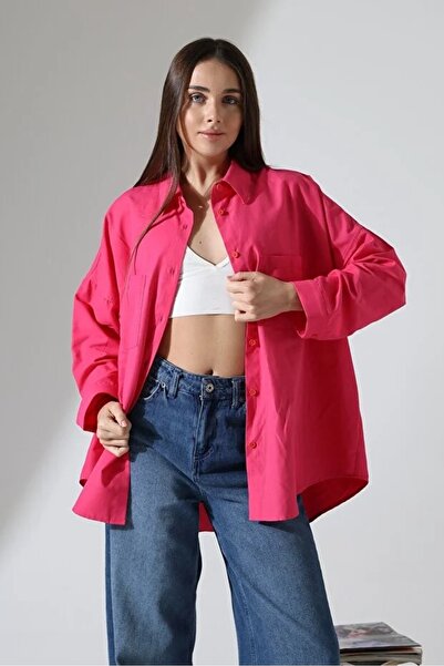 GÖMLEKÇİNİZ قميص نسائي من قماش البوبلين قصة فضفاضة قطع - فوشيا