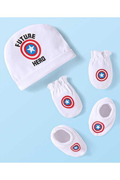 Babyhug Marvel Cap, Mittens and Booties Set With Avengers Graphics - White