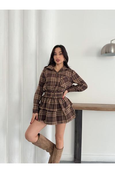 Nazline Women's Lace Detail Plaid Pattern Belted Dress