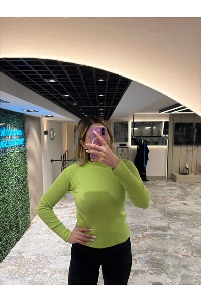 mor butik Women's Light Green Ribbed Knit Half Turtleneck Classic Plain Blouse