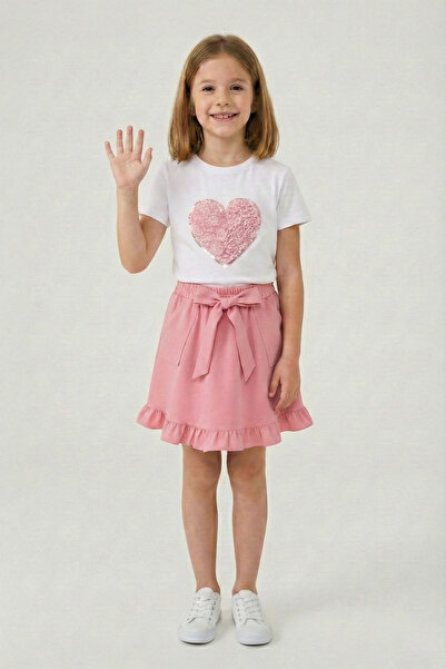 FATELLA تي شيرت بناتي وردي بتصميم قلب مع تنورة وردية مكشكشة، طقم ملابس عرض لـ...