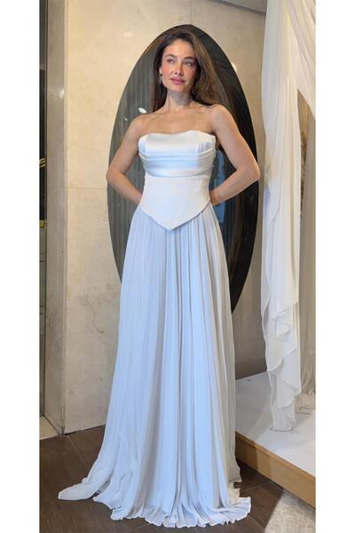 SpringStore Ekru Üstü Saten Altı Piliseli Abiye