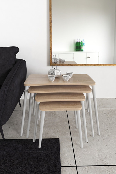 Zuesse Dizayn Selen 4lü Zigon Sehpa Ahşap Beyaz Ayaklı Salon Seti Çay Sehpası...