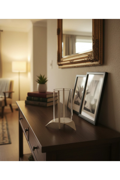 Artepieza co. Modern Beyaz Metal Cam Şamdan Dekoratif Mumluk- Silindir Cam Şa...