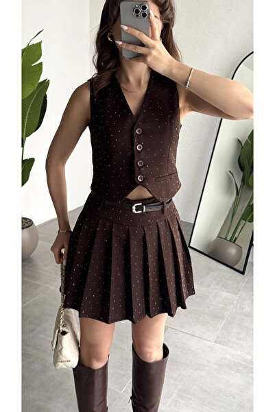 asfamoda Set de fustă mini plisată cu curea și vestă fără mâneci, cu nasturi,...