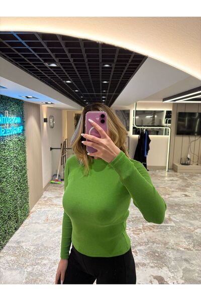 mor butik Women's Dark Green Ribbed Knit Half Turtleneck Classic Plain Blouse