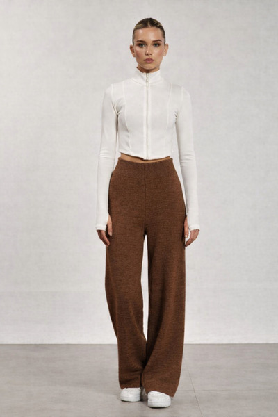 RAMİOR COLLECTION Brown (Bitter Coffee) High-Waisted Wide-Leg Knitwear Trousers