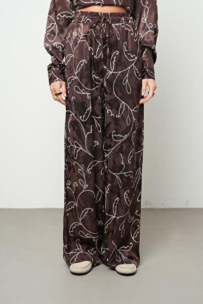Orfeo Negro Women's Brown Floral Embroidery Silky Palazzo Pants