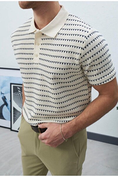 Valiberta Nordic Patterned Knitted Fabric Viscose Men's T-Shirt - Ecru