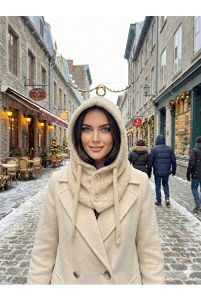 stravis Beige buttoned soft textured knitted beanie with lace-up closure